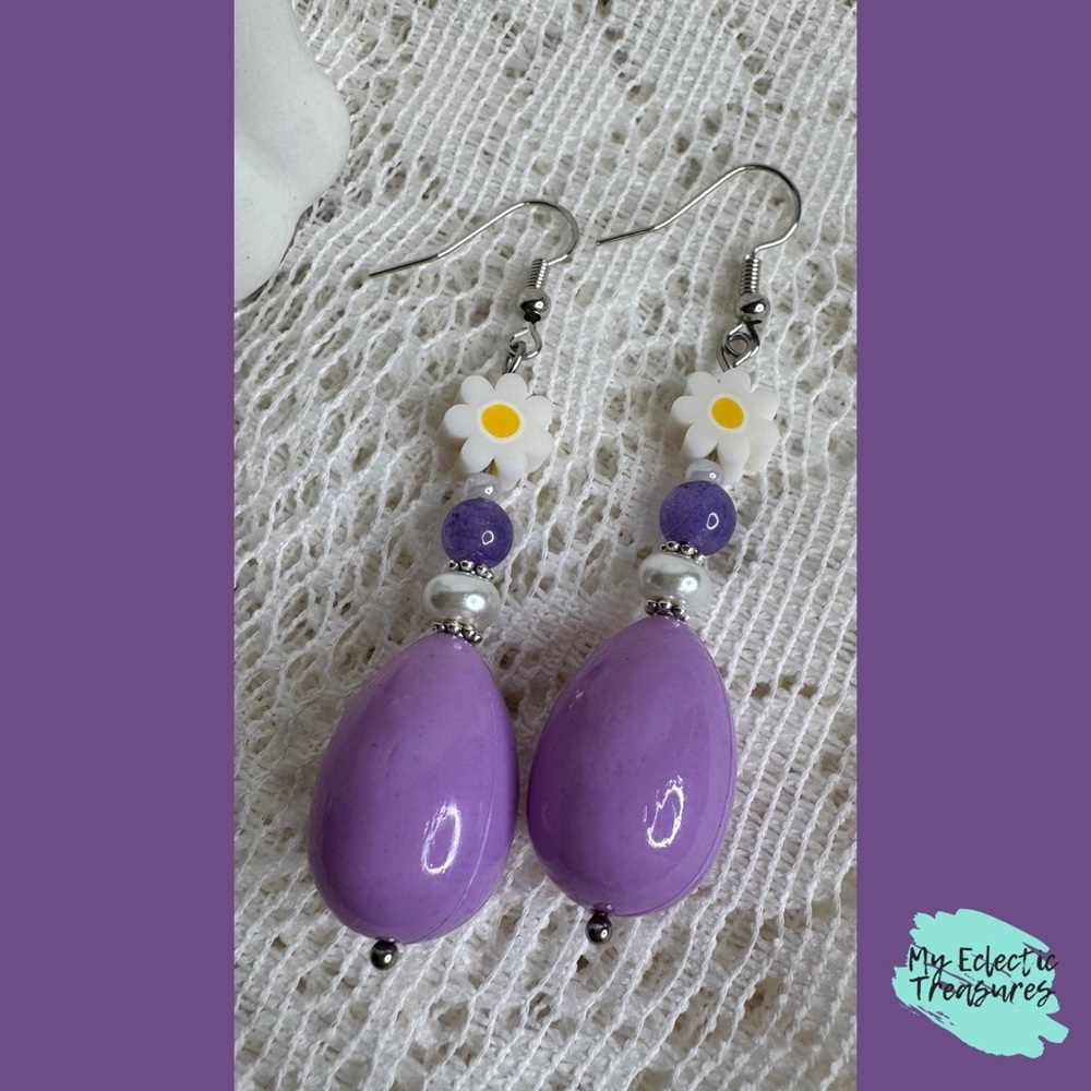 Handmade Purple Easter Egg Daisy Dangle Earrings 2.5” | Spring Floral Jewelry